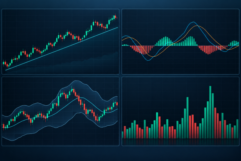 Tipos de indicadores técnicos de tendência, momentum, volatilidade e volume