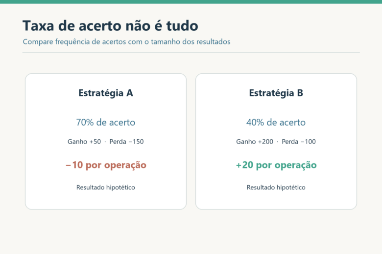 Comparação de duas estratégias: taxa de acerto maior pode ter expectativa negativa quando a perda média supera o ganho médio.