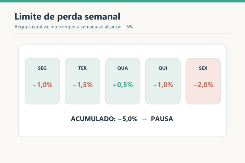 Calendário semanal com perdas e ganho que somam menos 5%, acionando pausa nas operações.