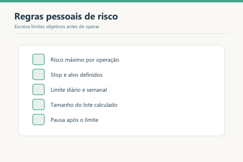 Lista de regras pessoais de risco antes de operar: risco máximo, stop, limites, lote e pausa.
