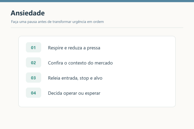 Quatro passos para lidar com ansiedade antes de operar: respirar, conferir contexto, reler plano e decidir.