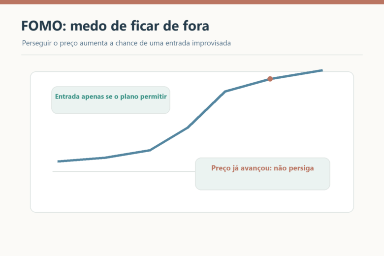 Gráfico ascendente ilustra FOMO: perseguir um preço que já avançou pode gerar entrada improvisada.