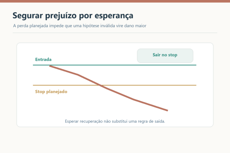 Preço cai abaixo do stop planejado e mostra o risco de manter uma perda esperando recuperação.