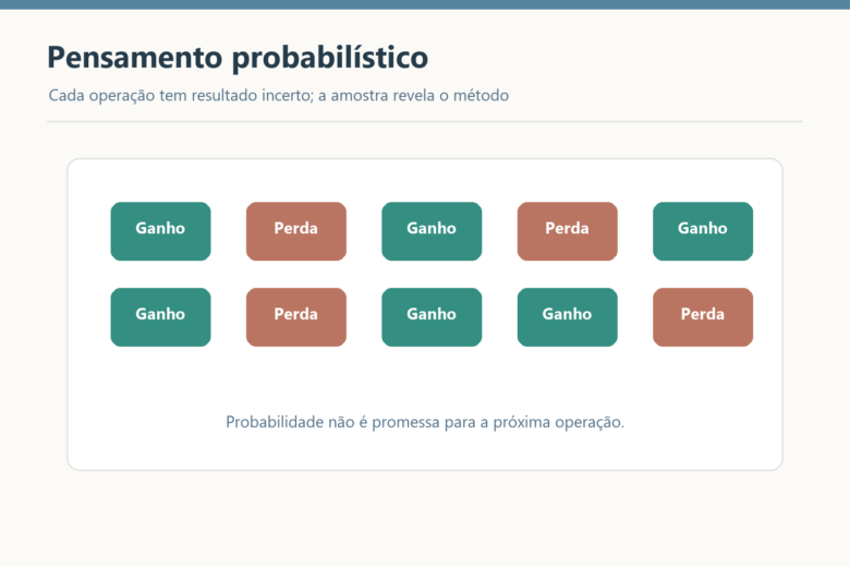 Dez operações ilustram ganhos e perdas em uma amostra; o resultado de cada uma é incerto.