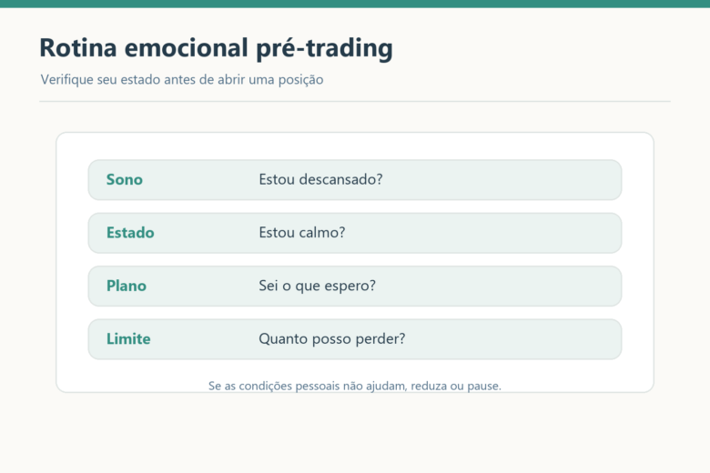Checklist emocional antes de operar: sono, estado emocional, plano e limite de perda.