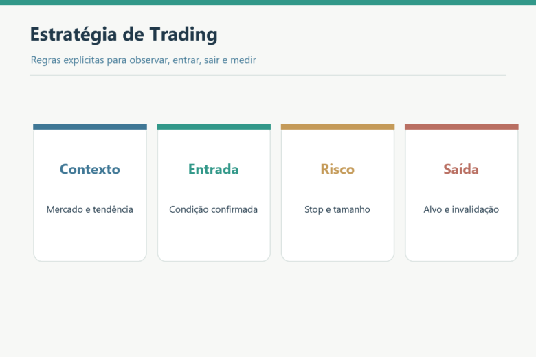 Quatro componentes de uma estratégia de trading: contexto, entrada, risco e saída.