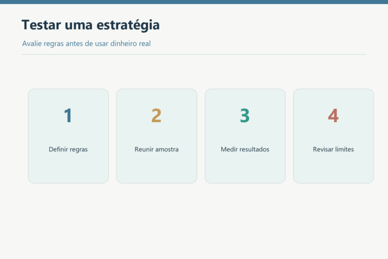 Etapas para testar uma estratégia: definir regras, reunir amostra, medir e revisar.