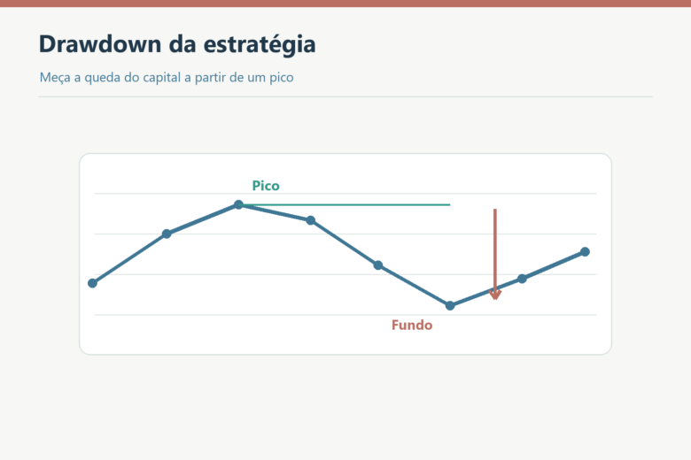 Gráfico da curva de capital identifica pico e fundo de um drawdown.