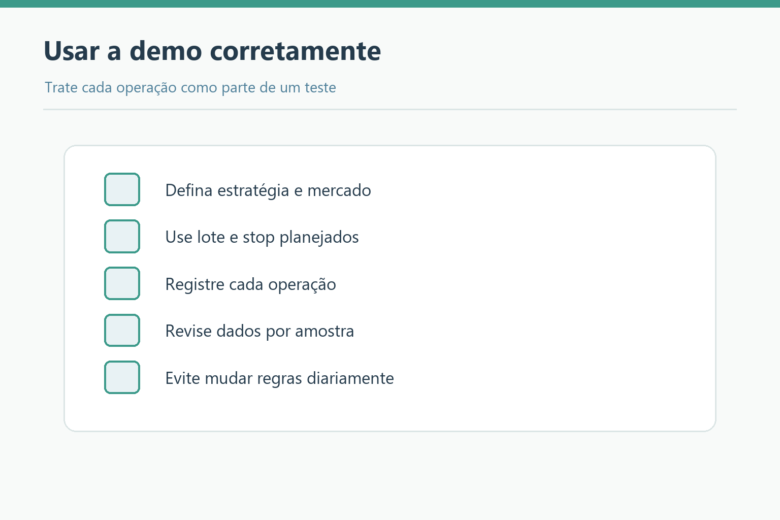 Checklist de estratégia, lote, stop, registro e revisão na conta demo.