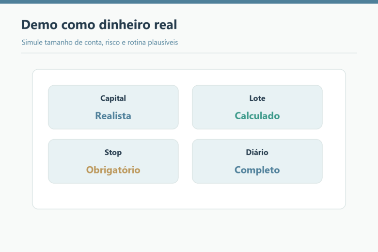 Painel de capital realista, lote calculado, stop obrigatório e diário completo.