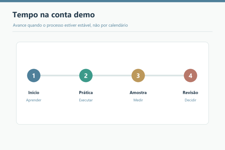 Linha do tempo mostra aprendizado, prática, amostra e revisão na conta demo.