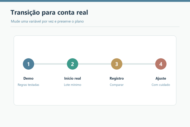 Linha do tempo da transição da demo para a conta real com lote mínimo e revisão.