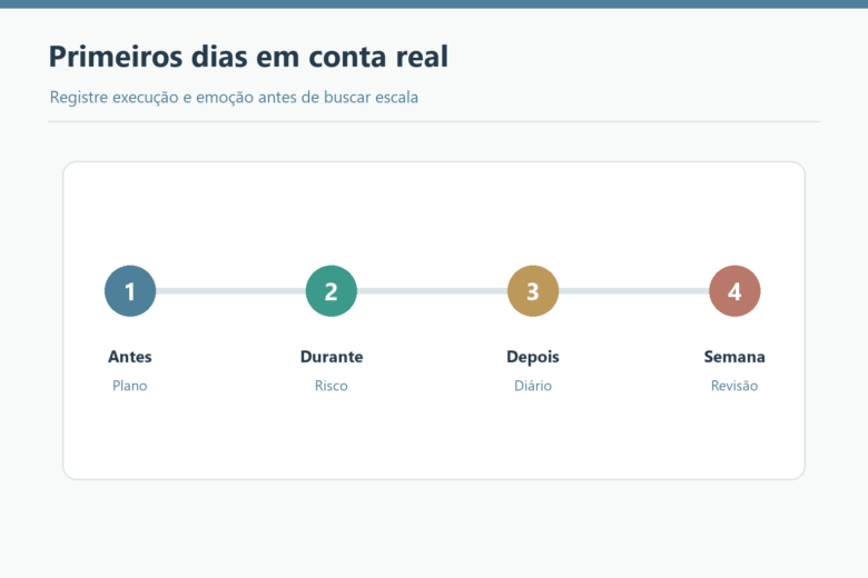Sequência de plano, risco, diário e revisão nos primeiros dias em conta real.