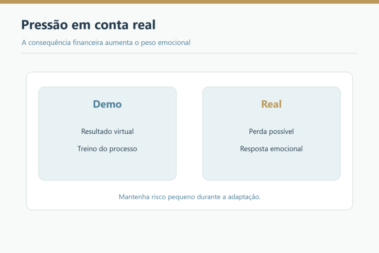 Demo e conta real comparadas quanto ao efeito financeiro e emocional.