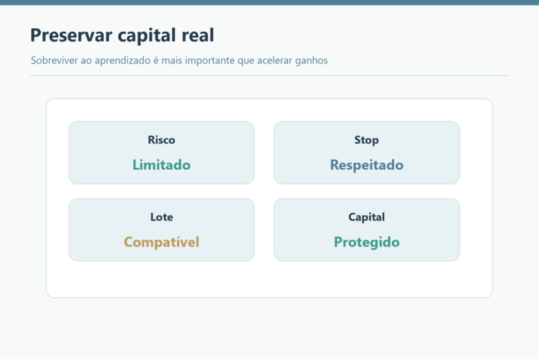 Painel de risco limitado, stop respeitado, lote compatível e capital protegido.