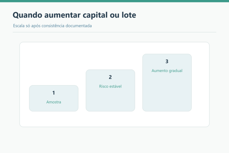 Escada de amostra, risco estável e aumento gradual de capital ou lote.