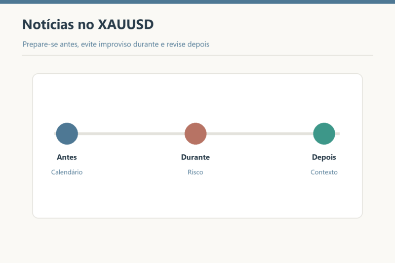 Antes da notícia consultar calendário, durante controlar risco e depois reavaliar contexto.