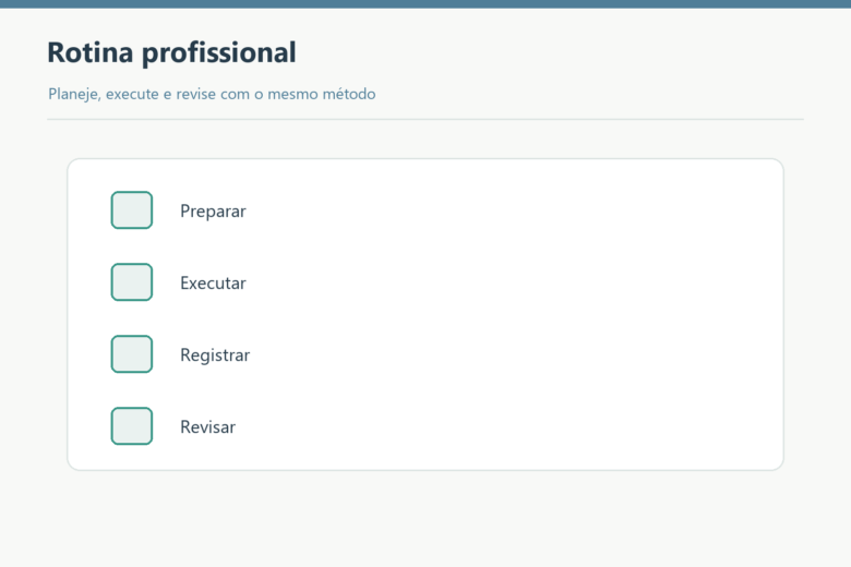 Rotina profissional com preparar, executar, registrar e revisar.