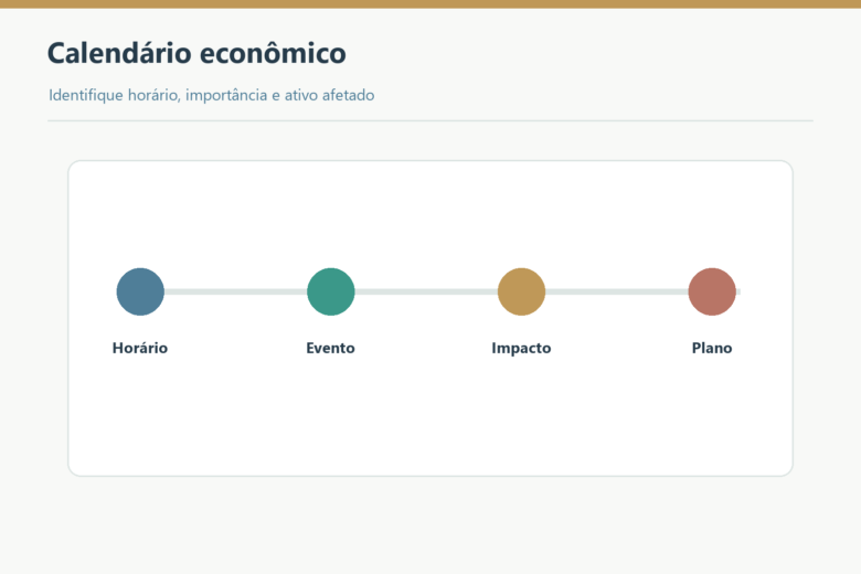 Horário, evento, impacto e plano no calendário econômico.