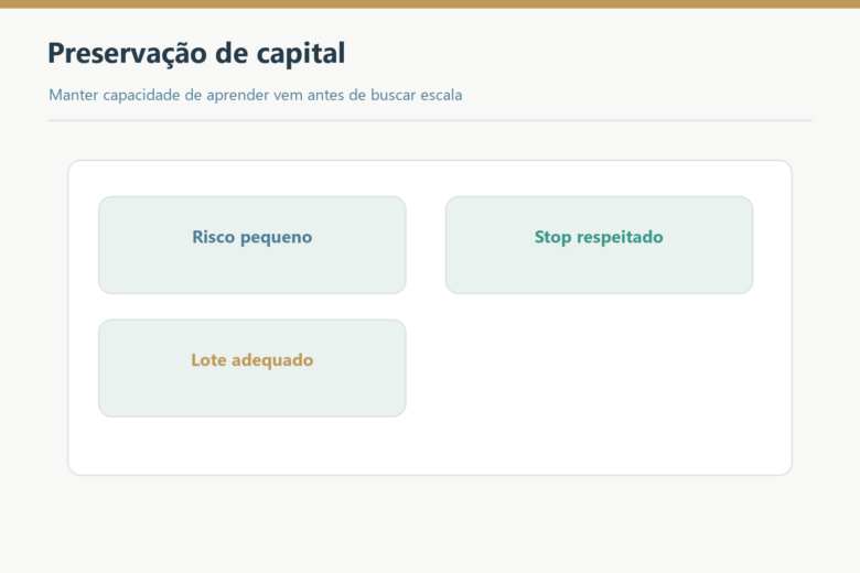 Risco pequeno, stop respeitado e lote adequado preservam capital.