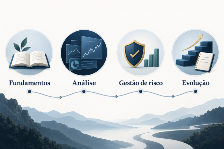 Revisão geral da formação de trader em quatro etapas: fundamentos, análise, gestão de risco e evolução.