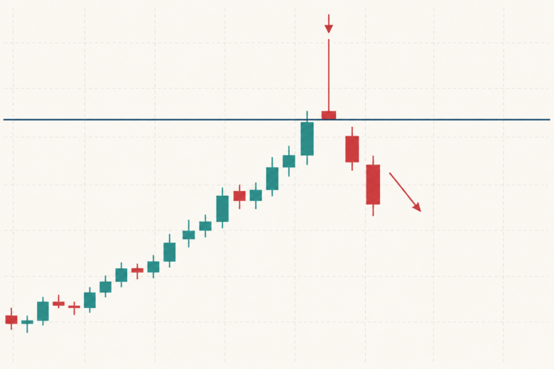 Gráfico de alta destaca candle de rejeição em resistência, com pavio superior longo e queda nas velas seguintes.