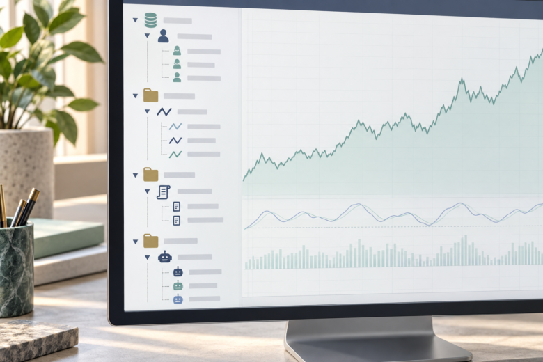 Painel Navegador de uma plataforma de trading com árvore de contas, indicadores e ferramentas.
