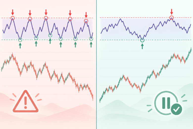 Comparação de dois gráficos a ilustrar onde os indicadores técnicos acertam e onde falham.