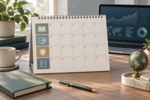Calendário de estudos de 30 dias com etapas de aprendizado, análise, gestão de risco e revisão.