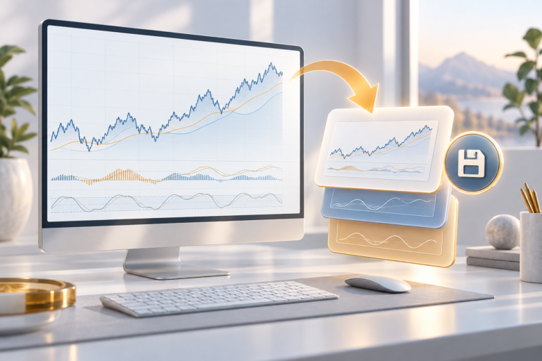 Configuração de gráfico salva como modelo reutilizável na plataforma de trading.