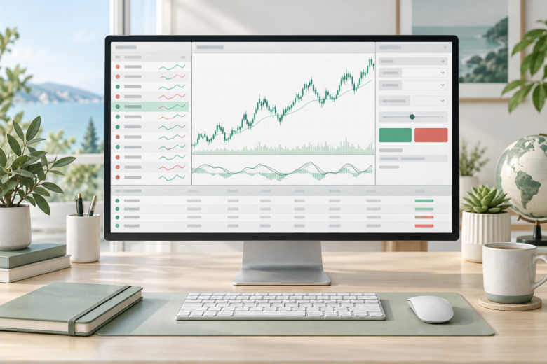 Interface de plataforma de trading com lista de ativos, gráfico de análise e painel de ordens.