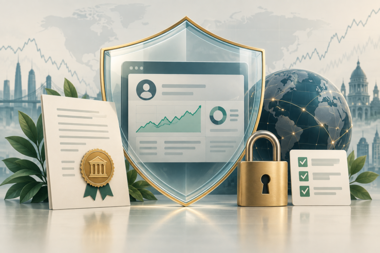 Proteção de conta de trading, verificação de corretora e segurança dos dados do investidor.