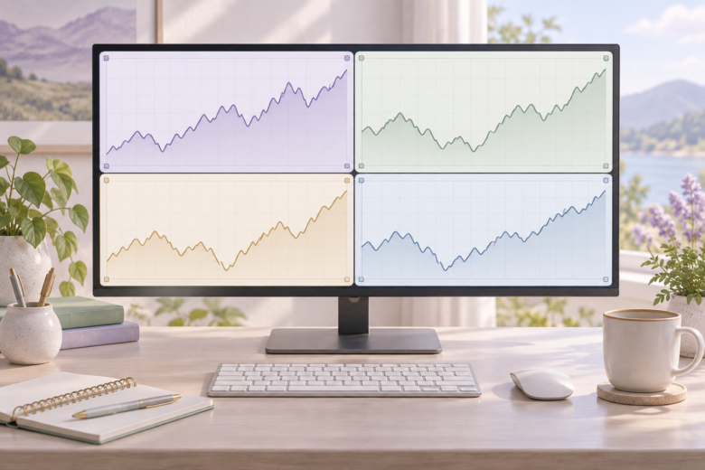 Quatro painéis de gráficos de mercado organizados em uma tela de trabalho.