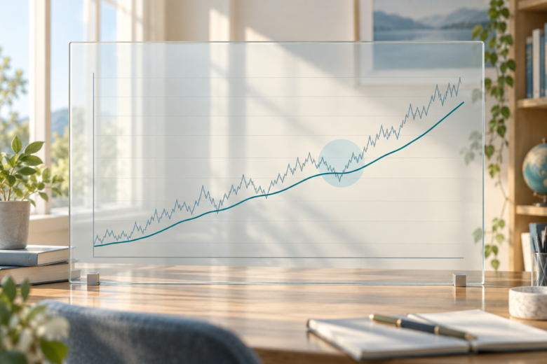 Média móvel exponencial de período intermediário suaviza oscilações menores e acompanha a tendência principal.