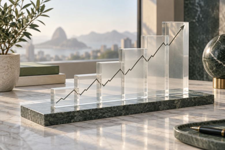 Modelo de estrutura de mercado com patamares crescentes e trajetória de preço marcada entre eles.