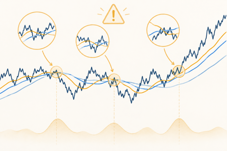 Gráfico mostra cruzamentos confusos de médias móveis em períodos sem tendência, com alerta para análise de contexto.