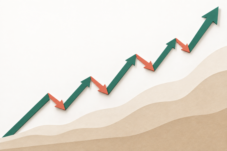Setas verdes longas de impulso e setas menores de correção mostram as duas fases de um movimento de mercado.