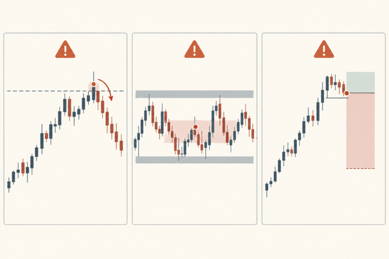 Três painéis ilustram erros comuns de Price Action: falso rompimento, entrada no meio da faixa e risco mal definido.