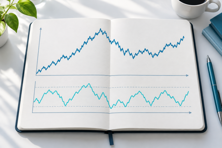 Caderno de estudo com gráfico de preços acima e oscilador RSI em painel separado abaixo.