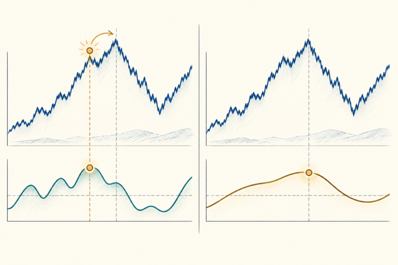 Comparação visual do tempo de resposta de indicadores antecipadores e atrasados diante da mesma mudança no preço.