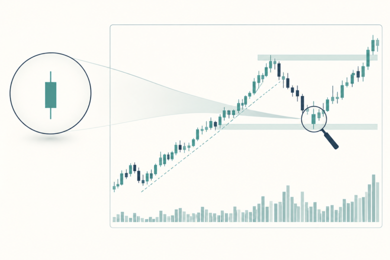 Vela japonesa isolada ao lado de um gráfico em tendência, base da leitura de price action.