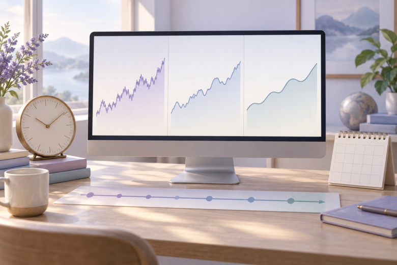 Mesmo movimento de mercado visto em três períodos de análise, com relógio e calendário.