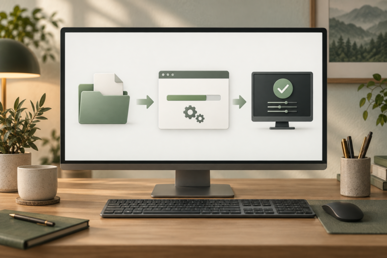 Etapas de instalação de uma plataforma de trading em computador, do arquivo ao programa configurado.
