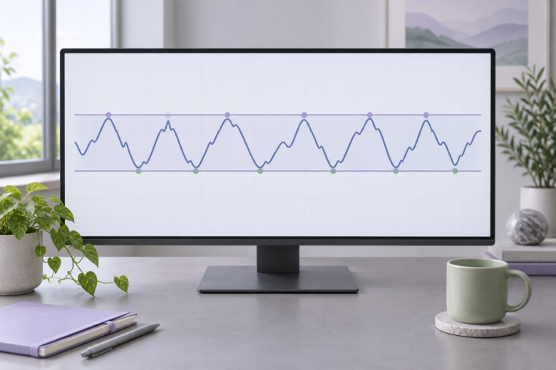 Gráfico lateral em monitor, com oscilações entre linhas de suporte e resistência horizontais.