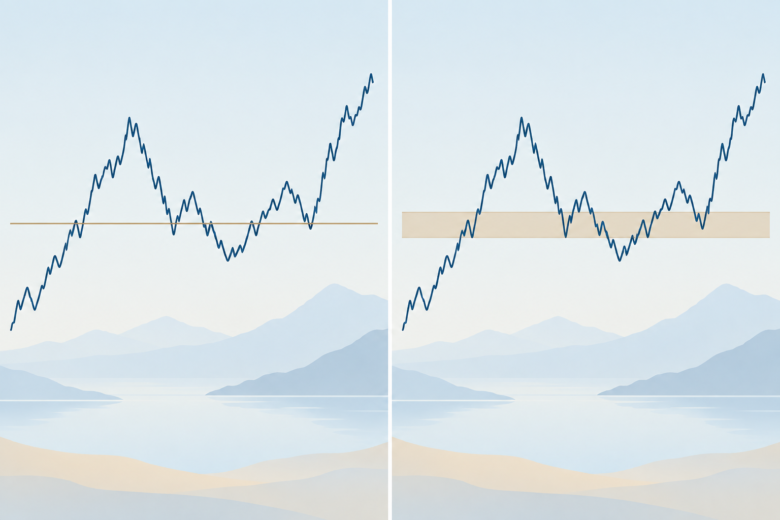 Comparação entre uma linha de preço exata e uma zona horizontal que abrange diversas reações do mercado.