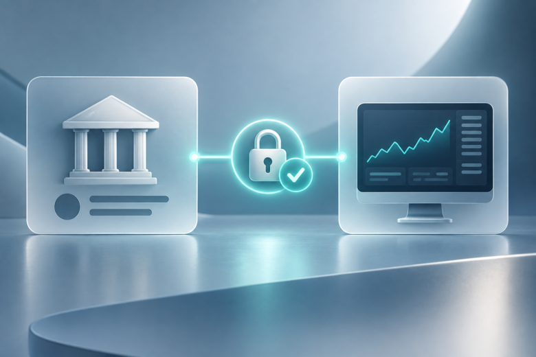 Conexão segura entre conta de corretora e plataforma de trading, representada por um cadeado.