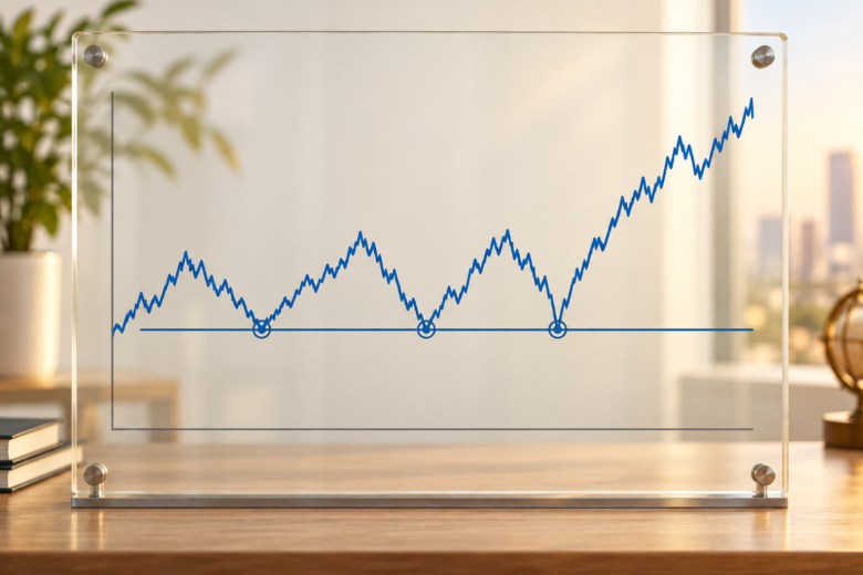 Preço testa três vezes a mesma linha horizontal de suporte e reage para cima em um gráfico didático.