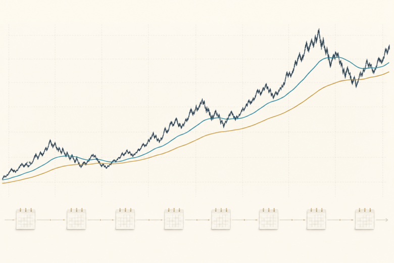 Gráfico de longo prazo com duas médias exponenciais lentas, representando EMA 100 e EMA 200.