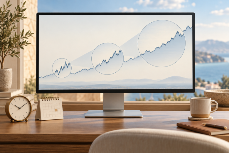Mesmo gráfico de mercado observado em três escalas de tempo com relógio e calendário.