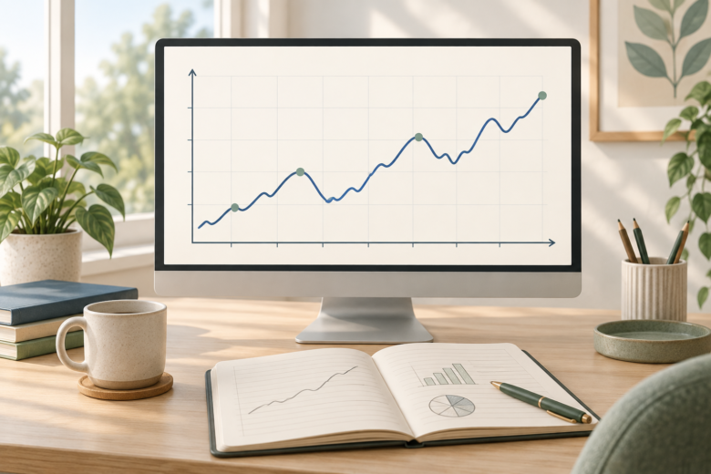 Gráfico de preços com eixo temporal, eixo de valores e linha de evolução em ambiente de estudo.
